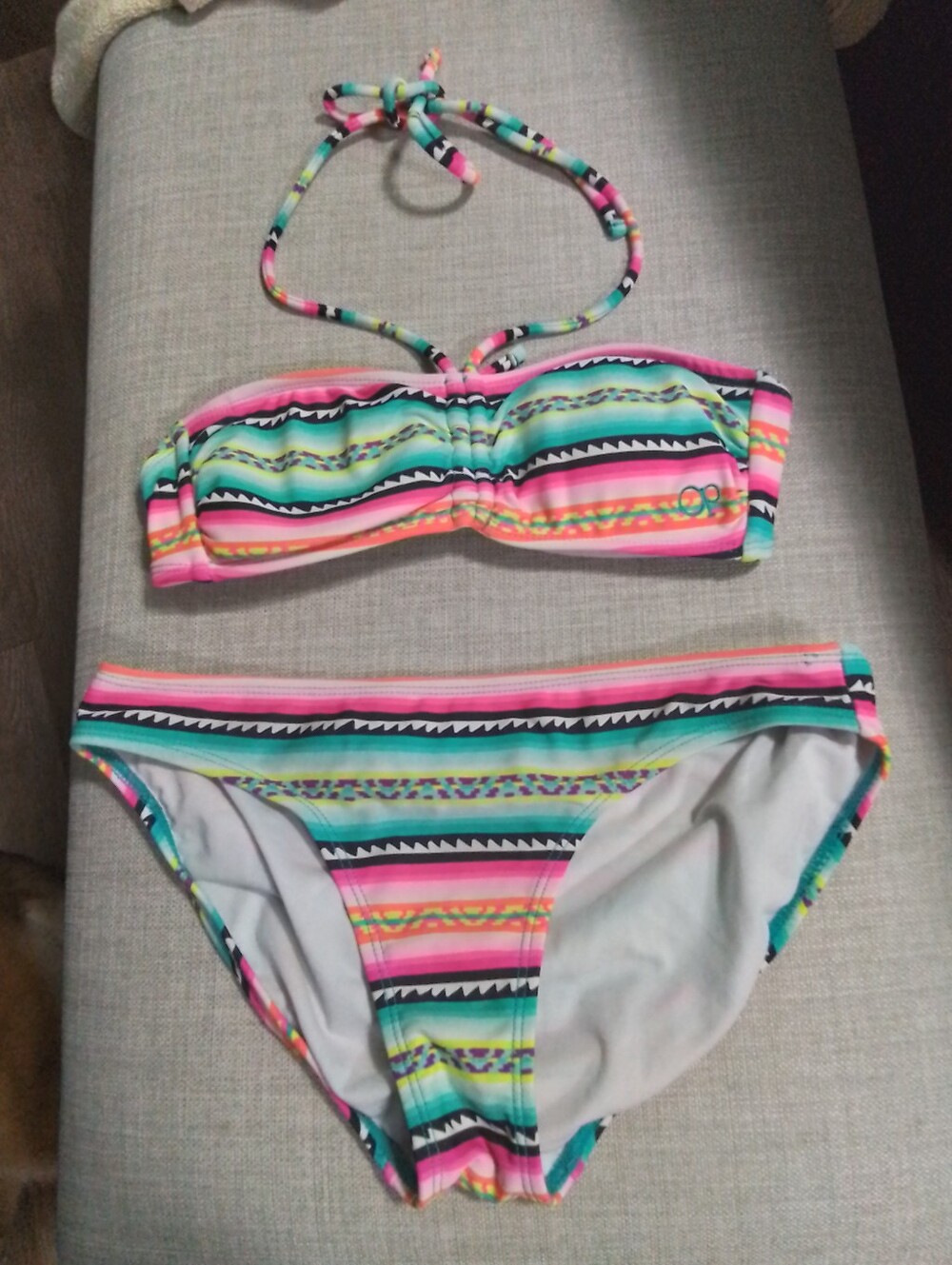 Ocean Pacific Striped Bandeau Bikini Set in Neon Pink, Aqua & Black